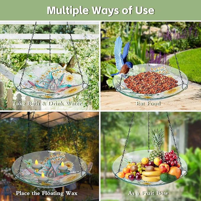 MUMTOP Hanging Bird Bath-Bird Baths for Outdoors - 12 Inch Hummingbird Daisy Glass Bird Water Bowl Bird Feeders for Outside, Garden, Lawn Yard Decor