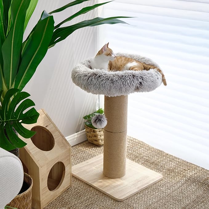 FUKUMARU Cat Scratching Post, 30 Inch Tall Cat Scratcher with Perch for Indoor Cats, Small Cat Tower with Bed and 5.5 Inch Width Post, Cat Tree Furniture for Kittens and Large Cats