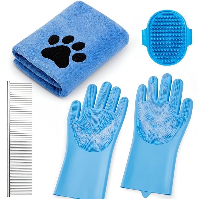 Pet Shower & Bath Supplies,Dog Shampoo Brush Set with Towel, Washing Gloves,Comb for Dogs and Cats (Blue)