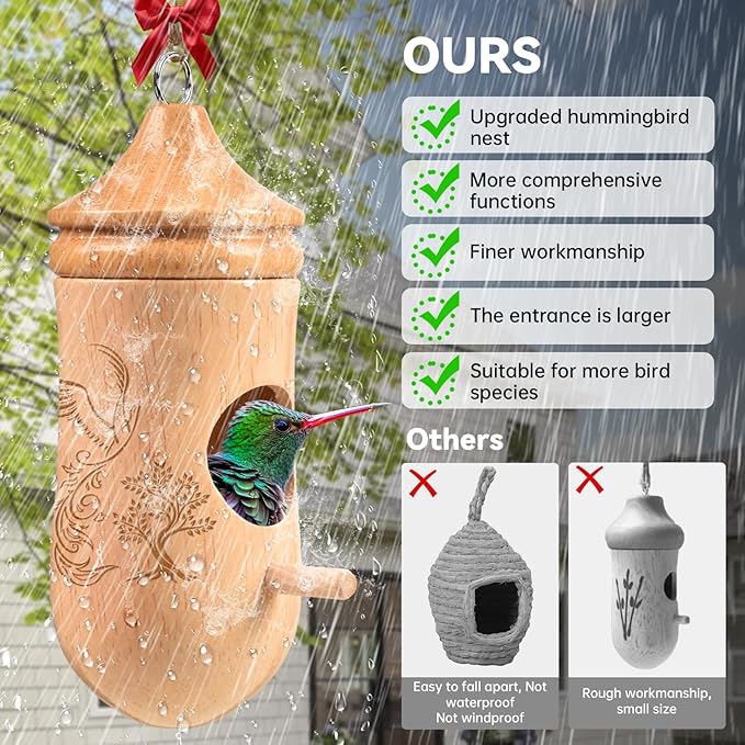 Hummingbird House, Solid Wood Hummingbird Houses for Outside-Exquisitely Handcrafted Birdhouse with Ribbon and String Hanging Kit, Durable Garden Decor, Perfect Gardening Gift(Style-E, 1 Pack)