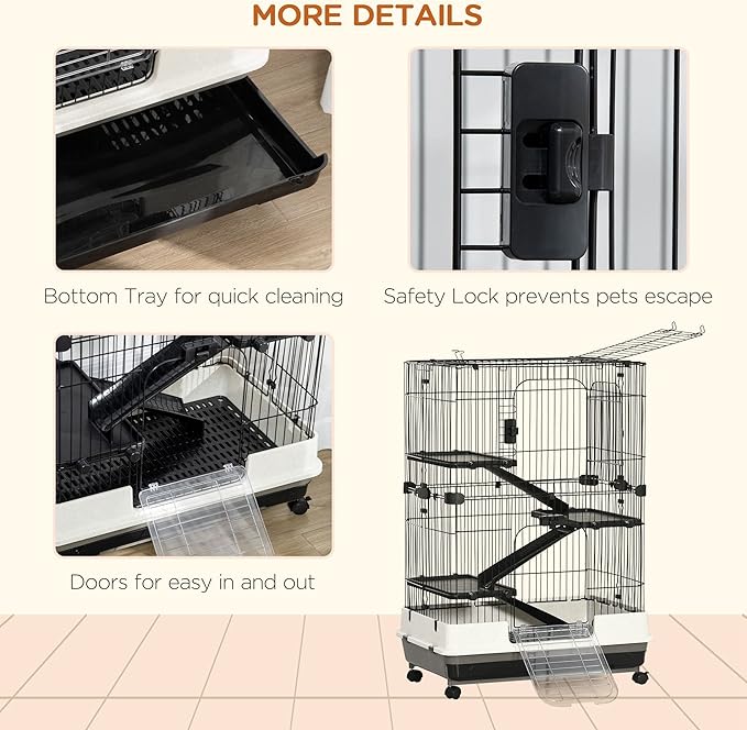 PawHut 4-Level Small Animal Cage Rabbit Hutch with Wheels, Removable Tray, Platform and Ramp for Bunny, Chinchillas, Ferret, Black