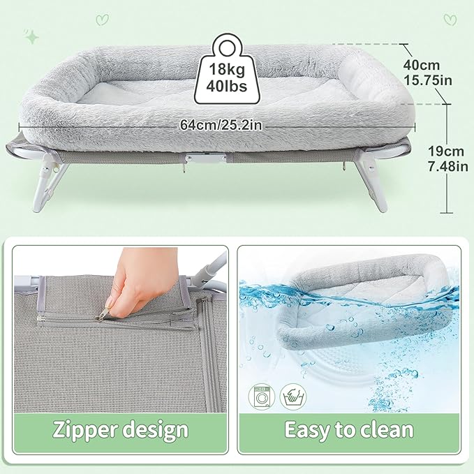 Sunhoo Elevated Cat Bed Foldable Raised Pet Hammock Self-Supporting Puppy Lounger with Off Floor Metal Frame Washable Cover for Small Dog Kitten Indoor Use 25.2x15.75x7.48 in(Grey)