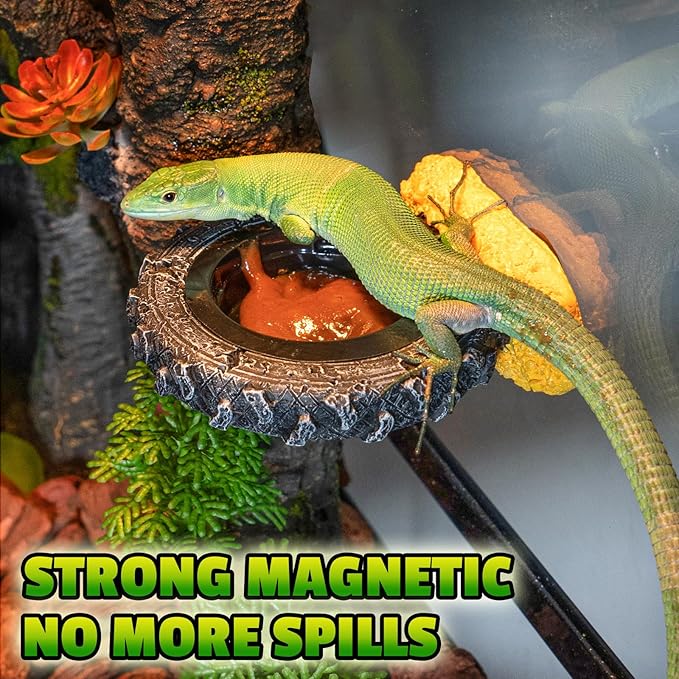 Magnetic Crested Gecko Feeding Ledge, Reptile Feeder Ledge with PVC Food Bowls, Tire-Shaped Reptile Water Dish for Crested Gecko Leopard Gecko Lizard Frog Bearded Dragon