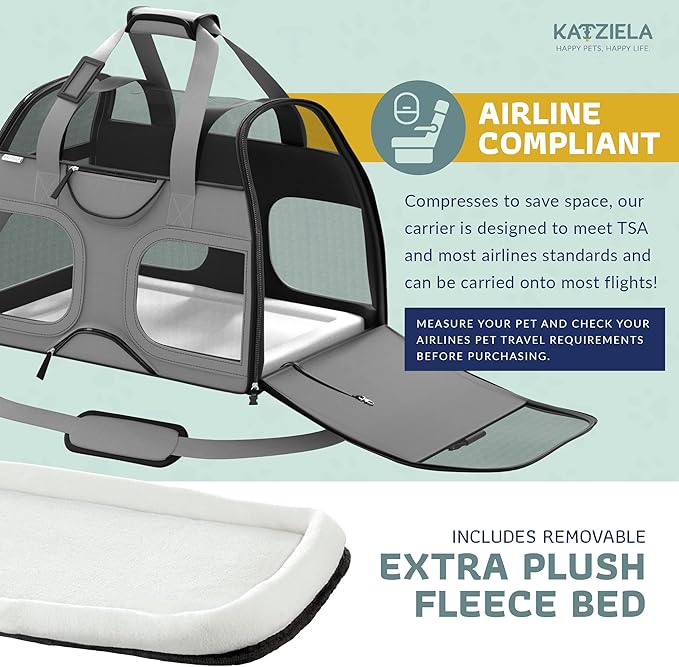 Katziela Rolling Pet Carrier for Small Dogs & Cats – Airline Compliant Soft-Sided Travel Bag with Removable Wheels, Telescopic Handle & Mesh Top (Gray/Black)