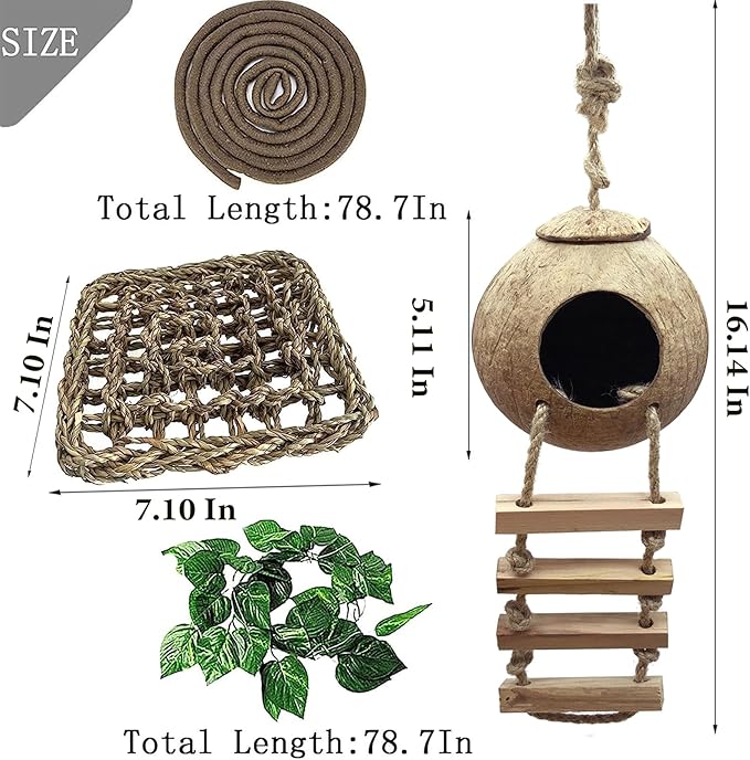 Grested Gecko Coconut Hut with Ladder,Leopard Gecko Coconut Hide Lizards Hanging Coco Den Cave Reptile Hammock Reptiles Tank Accessories Climbing Hanging Plants Jungle Vine Flexible Leaves Decor