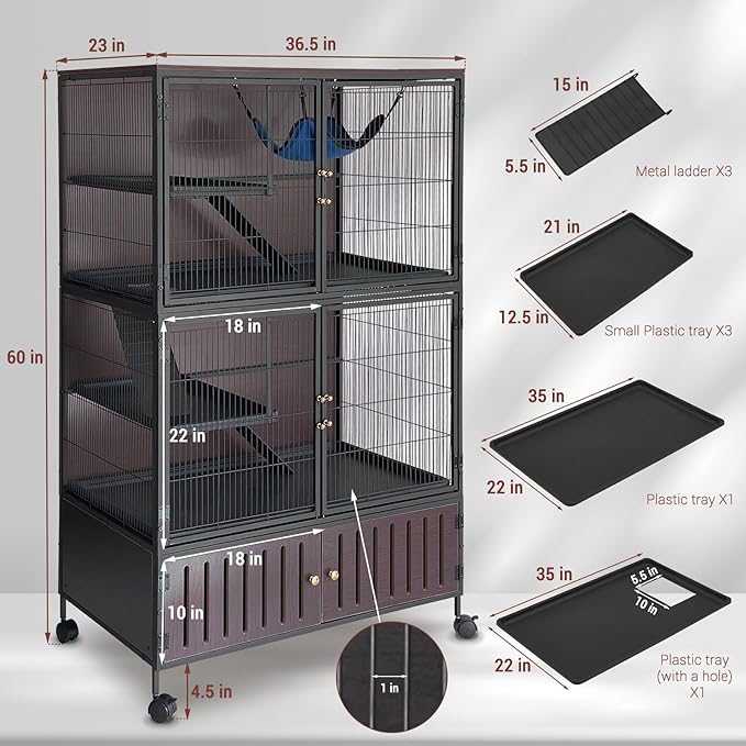60" Large Metal Ferret Cage, Metal Large Guinea Pig Cages 5 Levels with Lockable Doors, Ramps, Wheels, Squirrel Cage for Chinchillas, Ferrets, Guinea Pigs, Rats, Hammock