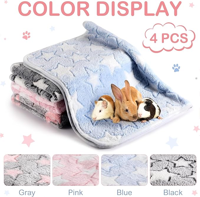 4 Pcs Waterproof Guinea Pig Blankets Washable Small Animal Fleece Bedding Absorbent Guinea Pig Cage Liners Reusable Pet Pee Pad Sleep Mat Pad Cover for Hamster Ferret (Cute Star Pattern, 24 x 16 Inch)
