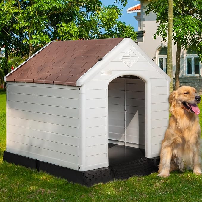 PUKAMI Plastic Dog House Outdoor Indoor for Small to Large Sized Dogs,Durable Waterproof Puppy Shelter with Elevated Floor and Air Vents,Ventilate & Easy Clean and Assemble (Brown, 42inch)