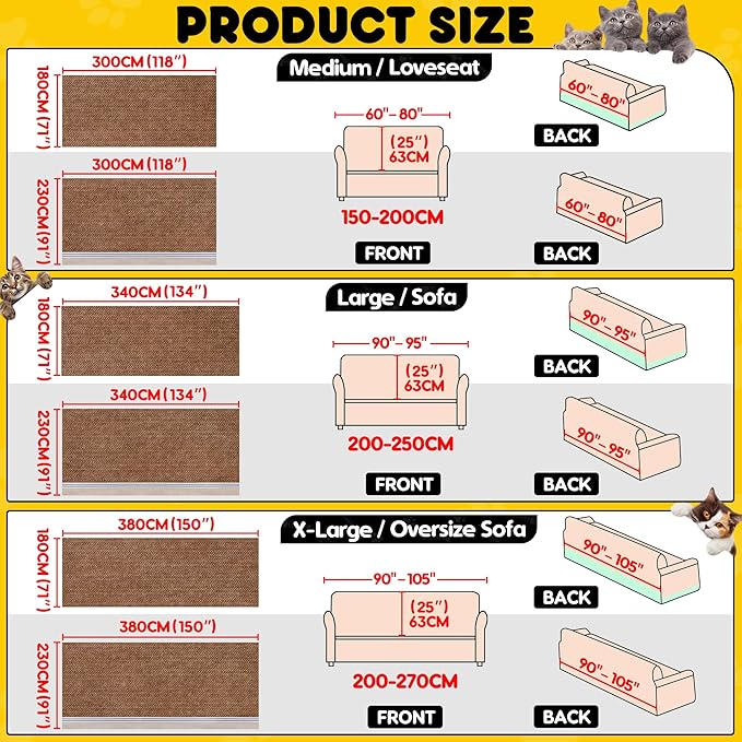 Loiion Cat Scratch Furniture Protector - Anti-Slip, Waterproof Sofa Cover to Keep Cats Off, Pet-Friendly Couch Protectors for 3 Cushion Couch, Anti-Scratch Couch Cover for Pets and Kids 134"X91"Brown