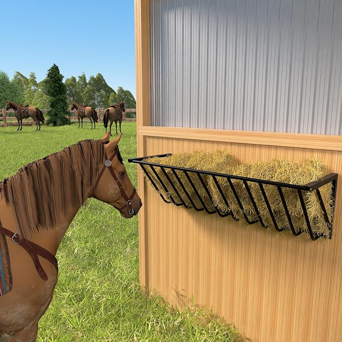 Goats Hay Feeder, 67 Gallon Large Capacity, Heavy Duty Iron Wall Hay Rack, Blanket Holder, 63'' Long for Goats,Horses,Cattle and Other Livestock, Farm Indoor and Outdoor Use, black