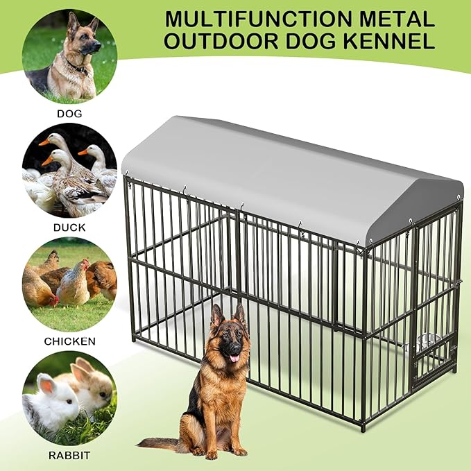 8X4x6FT Large Outdoor Dog Kennel with Swivel Feeder & UV-Resistant Waterproof Roof Covered, Heavy Duty Dog Cage Playpen for Medium and Large Dogs, Easy Assembly