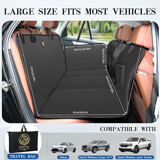 Tails & Tales Back Seat Extender for Dogs, 2025 Upgraded Double-Thick PU Leather Dog Car Back Seat Cover with Hard Bottom, Waterproof & Anti-Scratch, Supports Up to 400 lbs, Fits Car, SUV and Truck