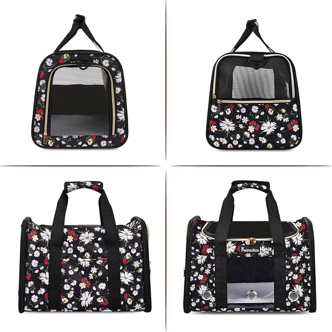 Petmolico Cat Carrier Dog Carrier, Airline Approved Soft Pet Travel Carrier with 3 Open Doors Mesh Windows for Cats Puppy 16 lbs, White Daisy