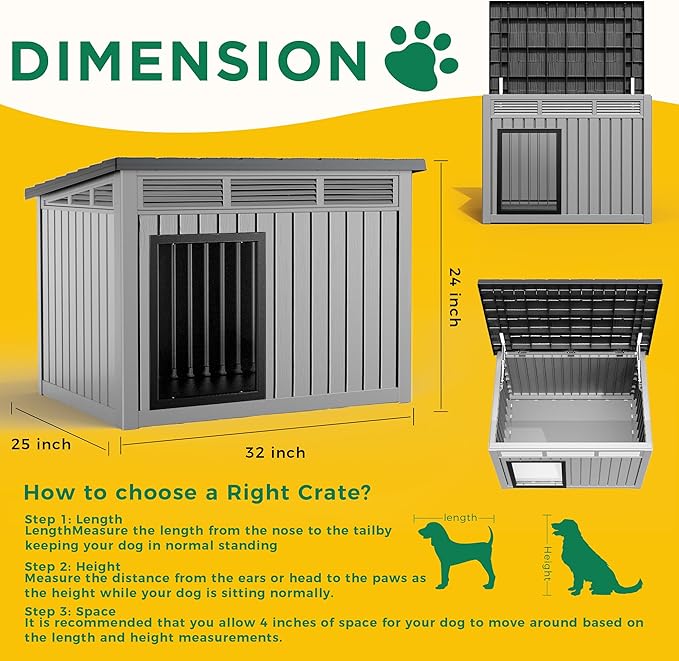 ROJIK Dog House Outdoor Indoor Weatherproof with Removable Roof Raised Base Plate,Pet House Weatherproof for Small Medium Dogs,Easy to Clean and Lightweight(32.2 * 25.12 * 24.13inch,Grey)