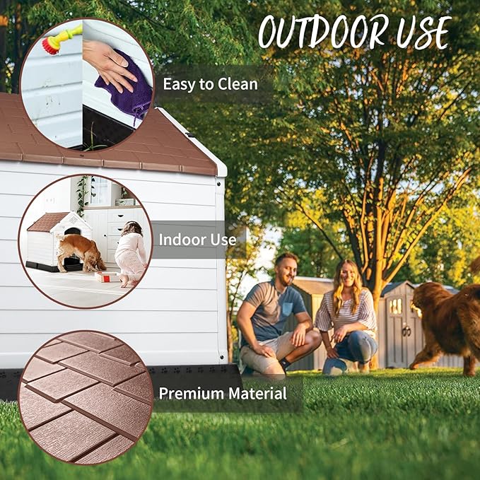 PUKAMI Plastic Dog House Outdoor Indoor for Small to Large Sized Dogs,Durable Waterproof Puppy Shelter with Elevated Floor and Air Vents,Ventilate & Easy Clean and Assemble (Brown, 42inch)