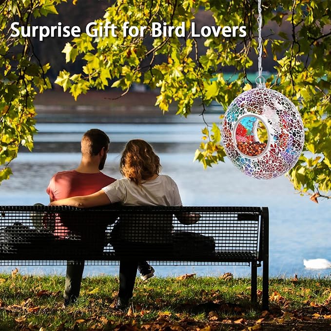 Mosaic Bird Feeders for Outside Hanging with Round Shape Glass Container Fly Through Solar Bird Feeder for Garden Decor (Multicolor)