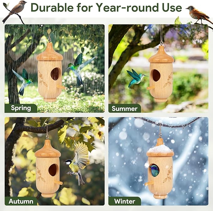 Hummingbird House, Wooden Hummingbird Houses for Outside Hanging, Nest Swinging, Wooden Bird Houses with Cotton, Bow, String, Gardening Gifts Decoration (1 Pack)