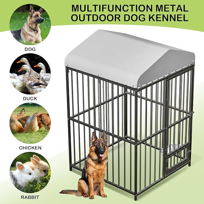 4X4x6FT Large Outdoor Dog Kennel with Swivel Feeder & UV-Resistant Waterproof Roof Covered, Heavy Duty Dog Cage Playpen for Medium and Large Dogs, Easy Assembly