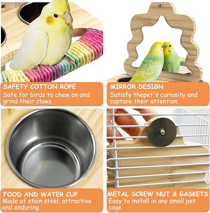 Tfwadmx Bird Parrot Wooden Feeding Cups Small Bird Feeding Dish Cups Stainless Steel Birds Bowls Food Water Bowls with Food Holder for Cockatiel Lovebirds Parakeet Macaw Finches