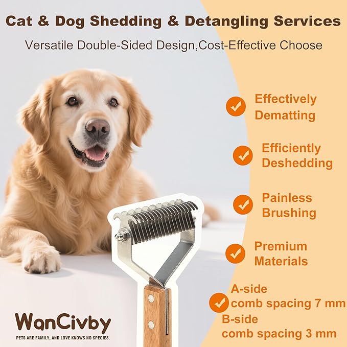 2-in-1Dematting & Deshedding Comb Undercoat Rake for Cats& Dogs,Detangling Matted Fur & Hair Remover Tool Pet Grooming Rake for Shedding and Dematting,Ergonomic beech wood handle (2 in 1)