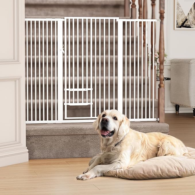 YITAHOME Extra Tall 55" High Metal Dog Gate with Cat Door, 29.5"- 43.3" Wide Auto Close Pet Gate Indoor for Stairs, Doorways, House, No Drilling Pressure Mount, Sturdy, White