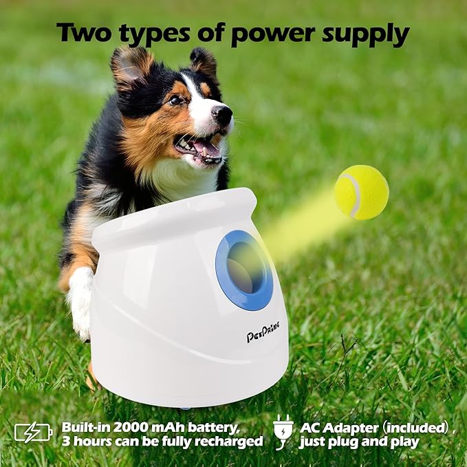 Pet Prime Dog Automatic Ball Launcher for Large Dogs Ball Thrower Machine Outdoor Indoor Use Interactive Dog Toy Adjustable Distance 10-40ft - Included 6 PCS 2.5” Tennis Balls and a Whistle