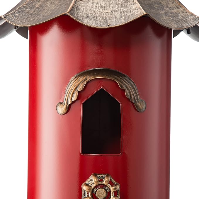 Glitzhome 32”H Metal Hanging Birdhouse for Outdoors Oversized Farmhouse Pagoda Painted Bird House with Bronze Roof for Bluebird Wren Chickadee Sparrow Bird Nest Box for Garden Patio, Retro Red