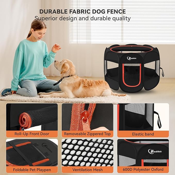 Dog Playpen, Puppy Pet Playpens Indoor for Large Dogs Tent Crates Cage Indoor/Outdoor, Portable Pop Up Dog Kennel Playpen with Carrying Case for Dogs/Cats/Rabbits, Removable Zipper Top, Black