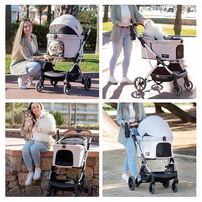 T5 Luxury Pet Stroller for Medium Dog Under 60lbs or 2 Small Dogs & Cats with 180 ̊Canopy, Sun Shades, Auto-Folding Stroller for Multiple Pets(Beige)