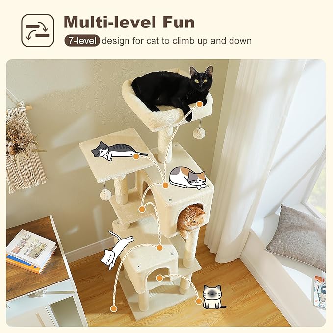 Cat Tree for Indoor Cats, Multi-Level Cat Tower with Sisal Scratching Posts, Padded Platform, Multi-Level Cat Condo w/Soft Bed & Scratching Pad, 2 Pompoms, Sturdy Base, Beige