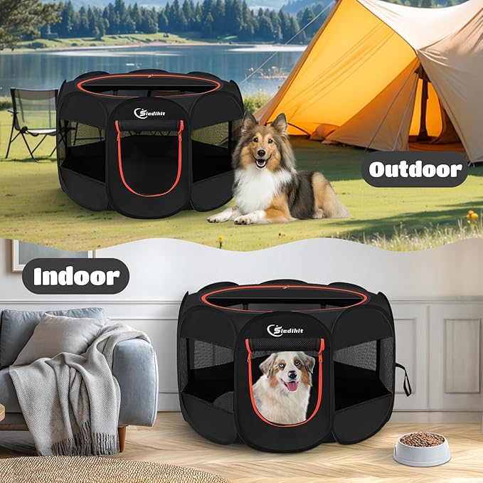 Dog Playpen, Puppy Pet Playpens Indoor for Large Dogs Tent Crates Cage Indoor/Outdoor, Portable Pop Up Dog Kennel Playpen with Carrying Case for Dogs/Cats/Rabbits, Removable Zipper Top, Black