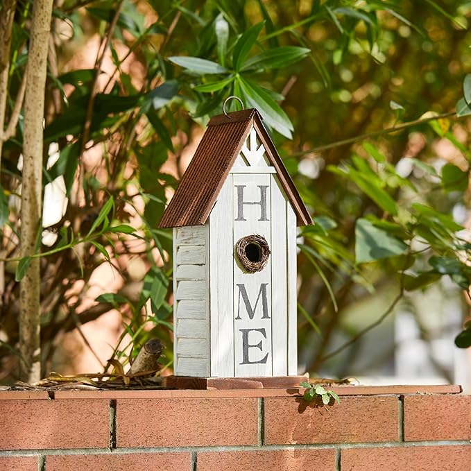 Glitzhome Decorative Bird Houses for Outdoors,14.75" H Distressed Bluebird House Solid Wood Hanging Bird House Home Inspiration Decorative Pet Cottage Outdoor Garden Birdhouse,Washed White