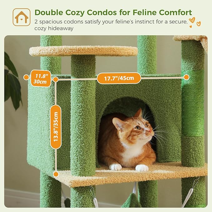 PAWZ Road Tall Cat Tower, 70 Inch Cat Tree with Hammock, 5 Scratching Posts, 2 Condos and a Large Top Perches for Large Cats-Cactus Green
