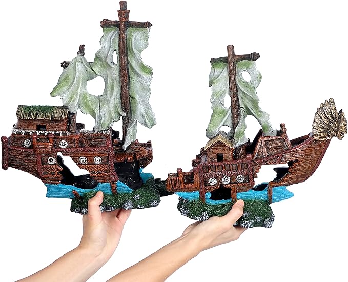 UNEAK - Large Shipwreck Aquarium Decorations Ornament w/Sail (2 Pieces) 20 Gallons high and Larger Fish Tank, Sunken Ship Decoration Ornaments, Pirate Boat, Resin, Freshwater Saltwater Decor