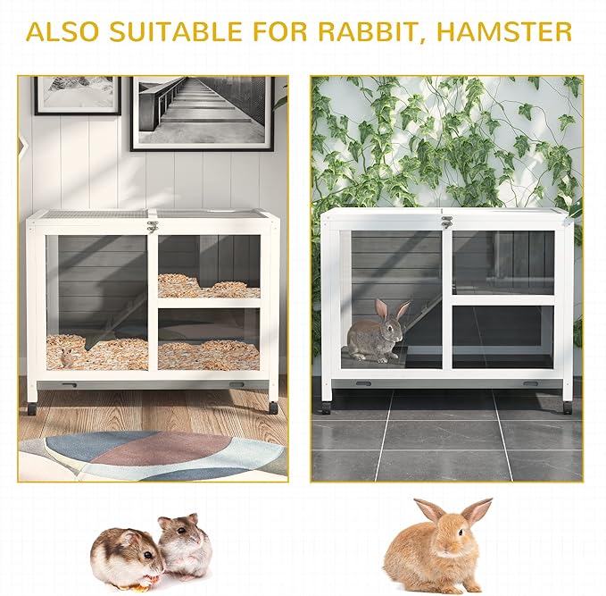 PawHut Rabbit Hutch with Wheels, Desk and Side Table Sized, Wooden Rabbit Cage, Waterproof Small Bunny Cage with Removable Tray, Openable Roof, for Indoor & Outdoor, Gray
