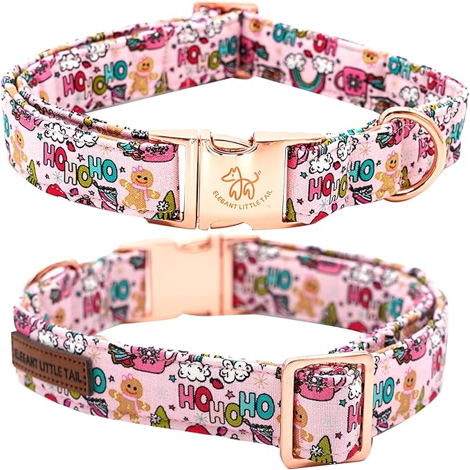 Elegant little tail Christmas Dog Collar, Pink Gingerbread Man Print Pet Collar Dog Durable Cute Dog Collars Winter Holiday Male or Female Pet Gift Adjustable Dog Collar for X-Small Puppy