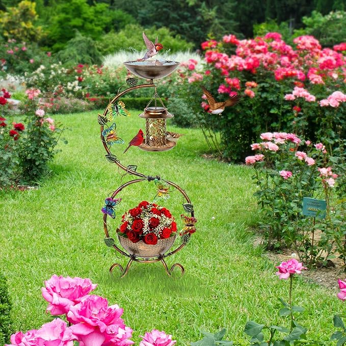 3 In 1 Bird Bath for Outside and Solar Bird Feeders Combo with Flower Planter Pedestal, 38" Metal Bird Baths Heavy Duty for Outdoors, Vintage Birdbaths for Garden Yard Lawn Decor -Waterproof