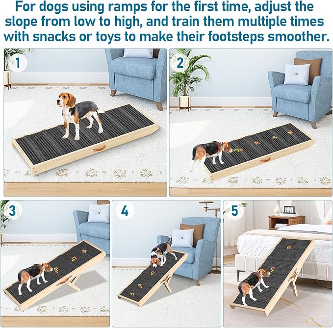 Tresbro Dog Ramp for Bed, 4 Level Adjustable 14.56'' to 24'' Dog Ramps with Anti-Slip Carpet & Carrying Handle, Portable Dog Ramp Supports up to 120LBS for Small Medium Large Dogs to Get on Bed, Couch