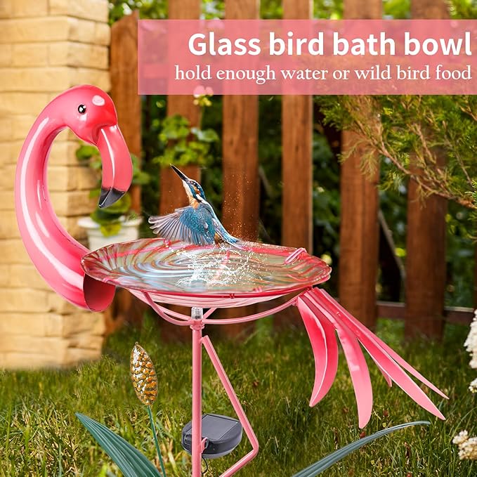 VCUTEKA Glass Bird Bath Outdoor Solar BirdBath Bird Feeder with Metal Stake Garden Decor, Flamingo