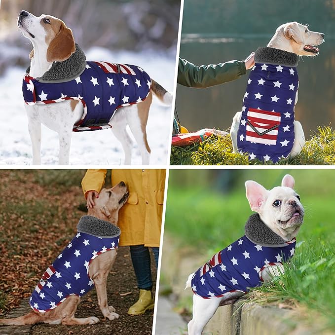 Dog Coat, Waterproof Dog Winter Jacket with Pocket, Reflective Adjustable Pet Snow Vest, Warm Cozy Fleece Sweater for Small Medium Extra Large Dogs - American Flag, M