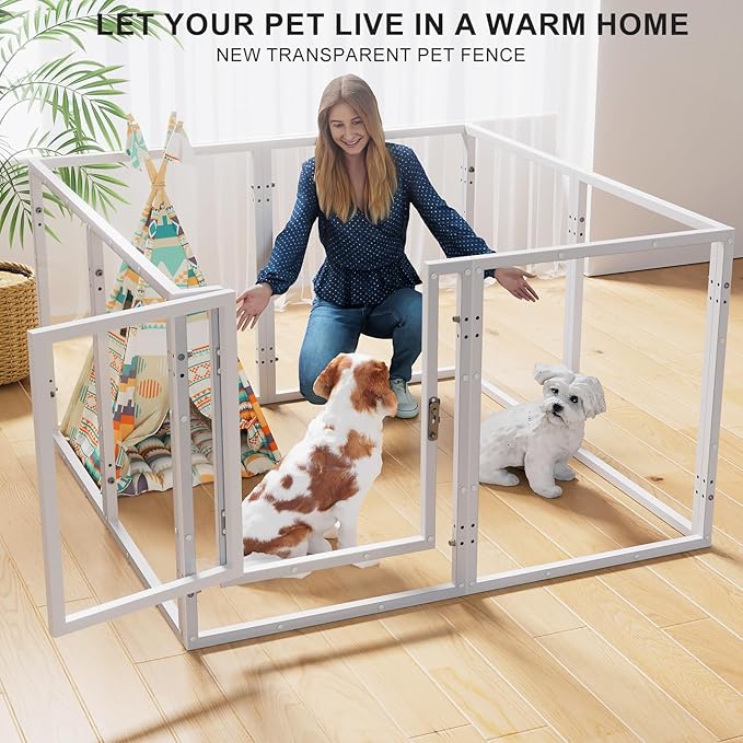 Clear Acrylic Dog Play Pen Indoor - 39 Inch 8-Panel Pet Enclosure for Small Dogs & Cats, Outdoor Use with Door, Easy Assemble & Cleaning