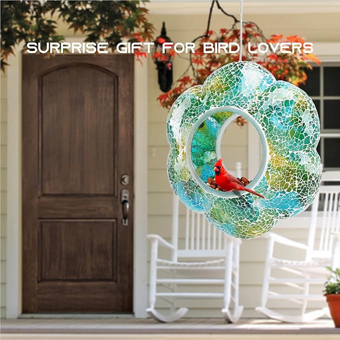 Yinns 9 Inch Large Mosaic Bird Feeders for Outside Hanging Fly Through Bird Feeder with Flower Shape Glass Birdfeeder for Garden Decor