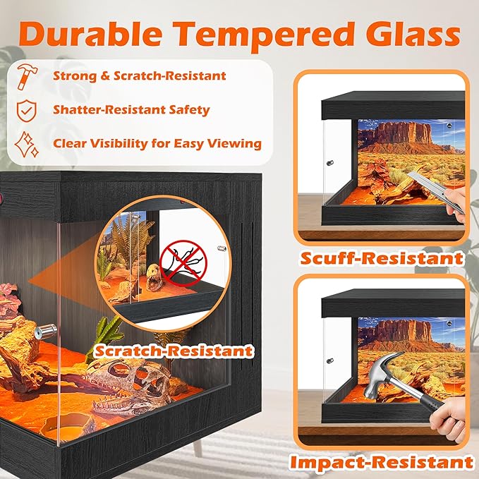 Royxen Tempered Glass Reptile Tank 80 Gallon,Reptile Enclosure with Metal Mesh Top and Lockable Design, Bearded Dragon Tank for Lizard Habitat,48"x20"x20", Black