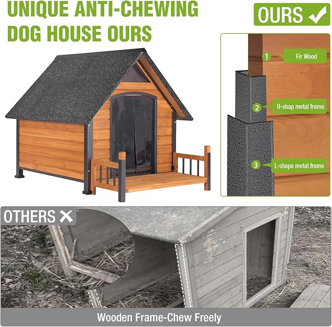 GUTINNEEN Dog House Outdoor Weatherproof Dog Kennel with All-Around Iron Frame, Anti-Bite Puppy Home with Porch, Dog Shelter for Large Breed (Brown, 50.9'' Large)