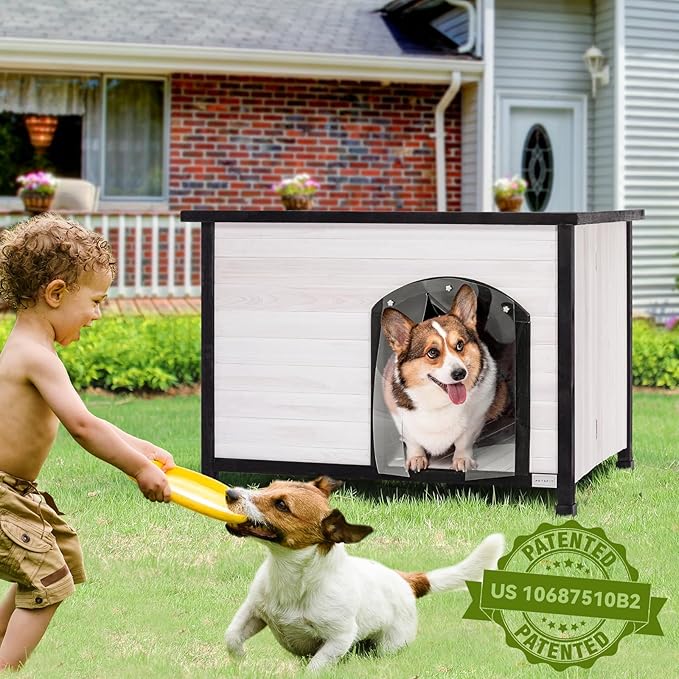 Petsfit 40.2" Dog House Outdoor, Unfold to Use, Folding Dog House Outdoor, No Tools Required Assembly, Outside Dog House with Durable Asphalt Roof (Medium, White)