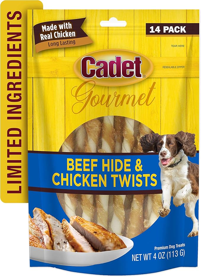 Cadet Gourmet Beef Hide Twist Chew Sticks, Long Lasting & Natural Chew Treats for Dogs, Inspected & Tested in USA, Chicken Flavor (14 Count)