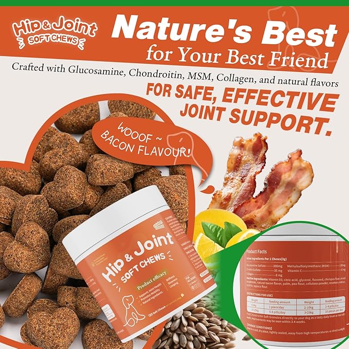 Advanced Hip & Joint Supplement for Dogs –120 Chews Glucosamine, Chondroitin, Soft Chews, Natural Joint Support for Small & Medium Breeds