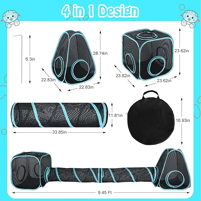 BWOGUE Outdoor Cat Enclosures for Indoor Cats, 4 in 1 Outdoor Cat Tent with Tunnel Portable Pop Up Visual Mesh Cat Outside Playhouse for Cats Puppy Small Animals, Total Length 9.45FT