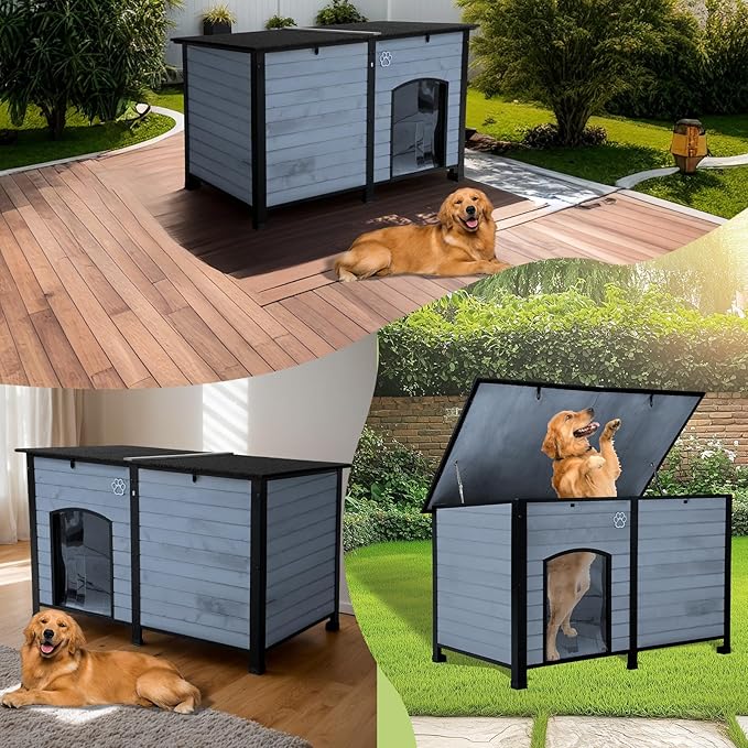Outdoor Dog House, Indoor Outdoor Doghouse Puppy Shelter Dog House with Iron Frame,Anti-Bite Design Dog Home for Small Medium Some Large Dogs (Grey, Large)
