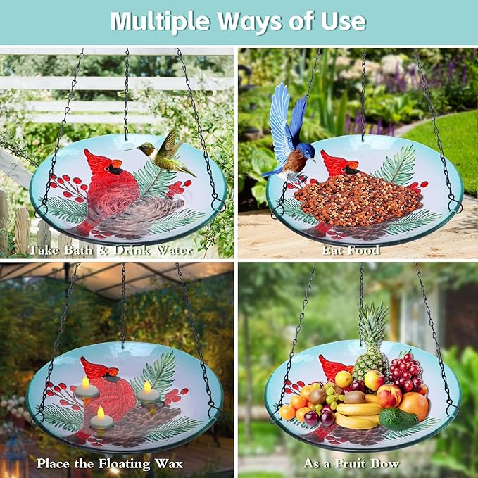 MUMTOP Hanging Bird Baths for Outdoors - Glass Bird Bath, 11 Inch Hanging Bird Bath Cardinal Bird Feeder Bowl for Outside, Garden, Lawn Yard Decor(Green)